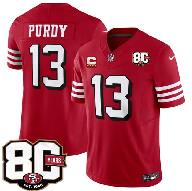 Men's San Francisco 49ers #13 Brock Purdy New Red 2026 F.U.S.E. With 80th Anniversary & 4-Star C Patch Vapor Untouchable Limited Football Stitched Jersey
