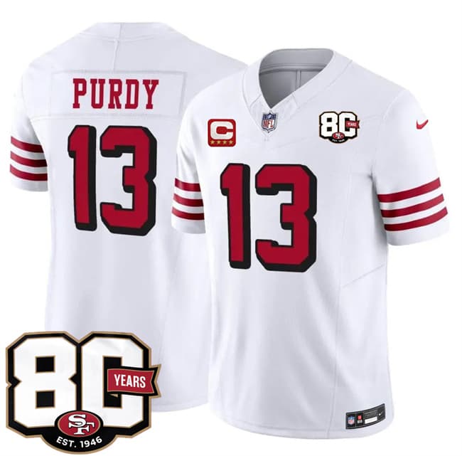Men's San Francisco 49ers #13 Brock Purdy New White 2026 F.U.S.E. With 80th Anniversary & 4-Star C Patch Vapor Untouchable Limited Football Stitched Jersey