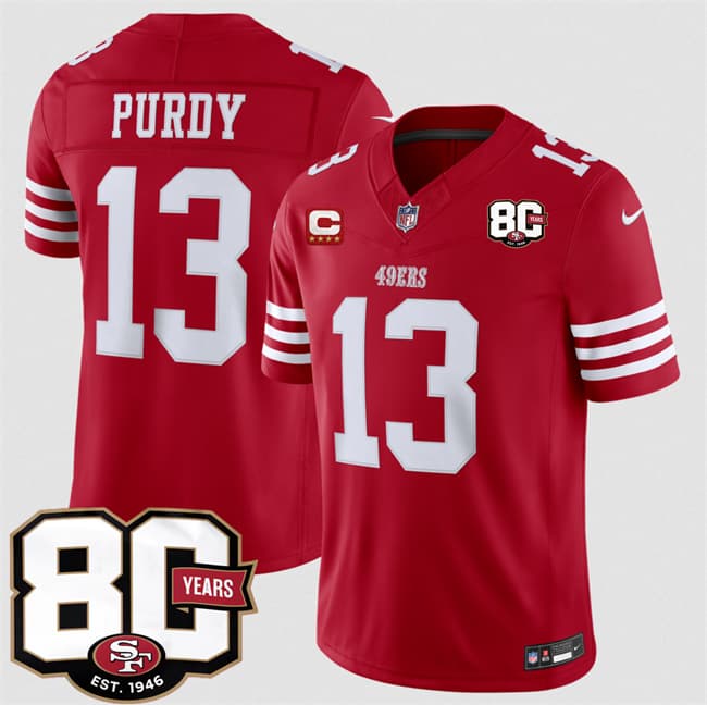 Men's San Francisco 49ers #13 Brock Purdy Red 2026 F.U.S.E. With 80th Anniversary & 4-Star C Patch Vapor Untouchable Limited Football Stitched Jersey