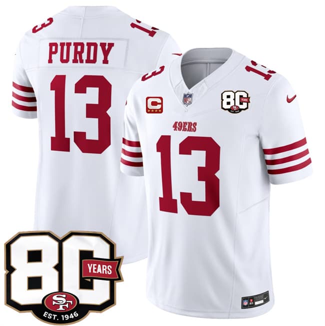 Men's San Francisco 49ers #13 Brock Purdy White 2026 F.U.S.E. With 80th Anniversary & 4-Star C Patch Vapor Untouchable Limited Football Stitched Jersey