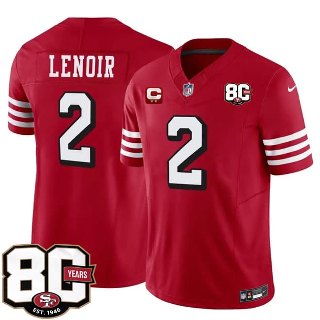 Men's San Francisco 49ers #2 Deommodore Lenoir New Red 2026 F.U.S.E. With 80th Anniversary & 2-Star C Patch Vapor Untouchable Limited Stitched Football Jersey