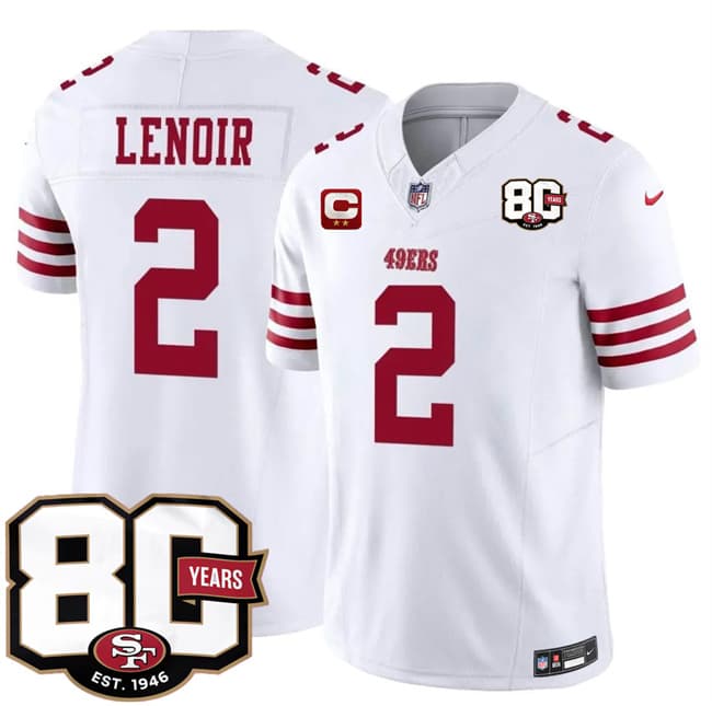 Men's San Francisco 49ers #2 Deommodore Lenoir White 2026 F.U.S.E. With 80th Anniversary & 2-Star C Patch Vapor Untouchable Limited Stitched Football Jersey