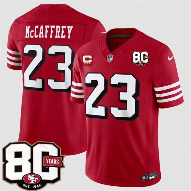 Men's San Francisco 49ers #23 Christian McCaffrey New Red 2026 F.U.S.E. With 80th Anniversary & 3-Star C Patch Vapor Untouchable Limited Football Stitched Jersey