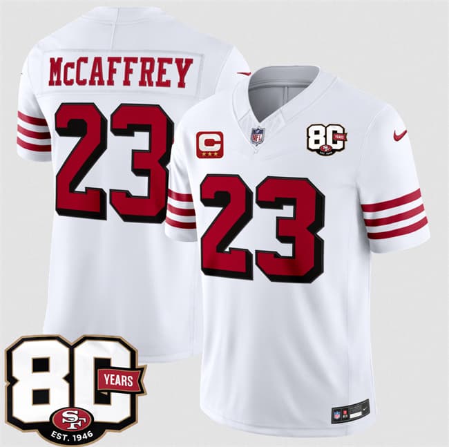 Men's San Francisco 49ers #23 Christian McCaffrey New White 2026 F.U.S.E. With 80th Anniversary & 3-Star C Patch Vapor Untouchable Limited Football Stitched Jersey
