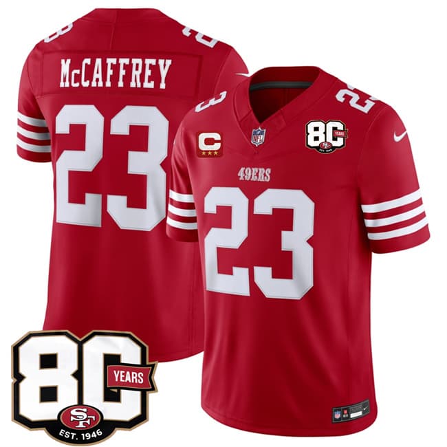 Men's San Francisco 49ers #23 Christian McCaffrey Red 2026 F.U.S.E. With 80th Anniversary & 3-Star C Patch Vapor Untouchable Limited Football Stitched Jersey