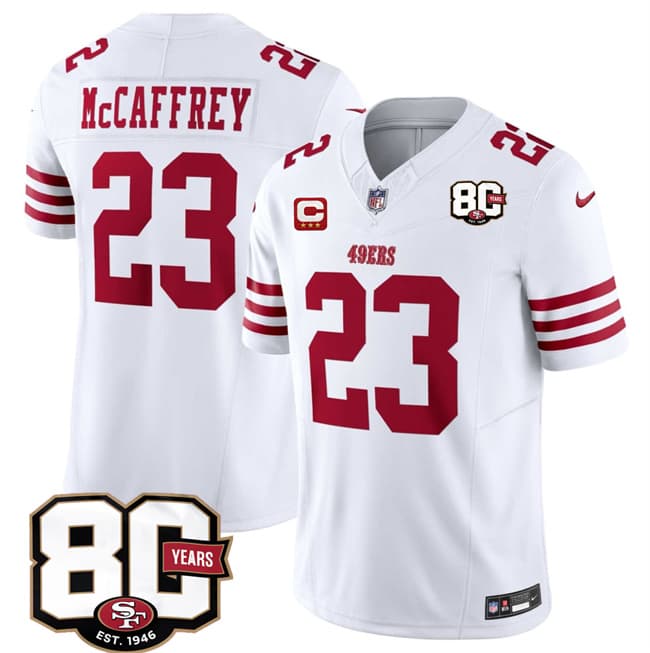 Men's San Francisco 49ers #23 Christian McCaffrey White 2026 F.U.S.E. With 80th Anniversary & 3-Star C Patch Vapor Untouchable Limited Football Stitched Jersey
