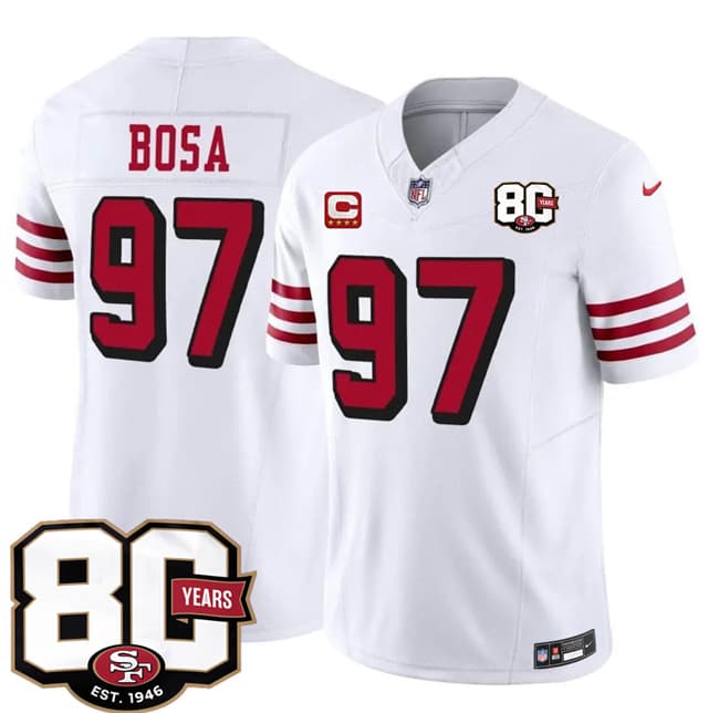 Men's San Francisco 49ers #97 Nick Bosa New White 2026 F.U.S.E. With 80th Anniversary & 4-Star C Patch Vapor Untouchable Limited Football Stitched Jersey