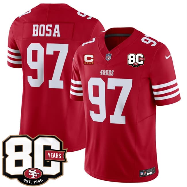 Men's San Francisco 49ers #97 Nick Bosa Red 2026 F.U.S.E. With 80th Anniversary & 4-Star C Patch Vapor Untouchable Limited Football Stitched Jersey
