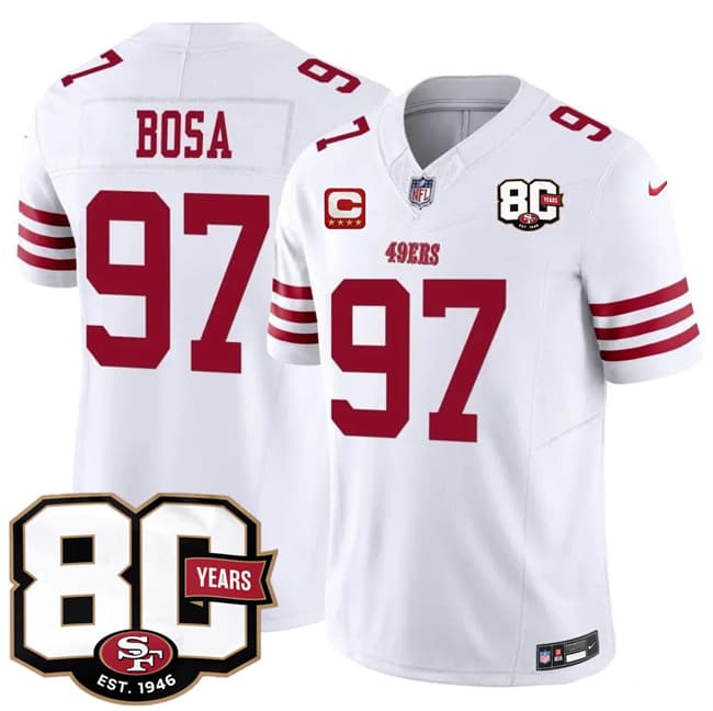 Men's San Francisco 49ers #97 Nick Bosa White 2026 F.U.S.E. With 80th Anniversary & 4-Star C Patch Vapor Untouchable Limited Football Stitched Jersey