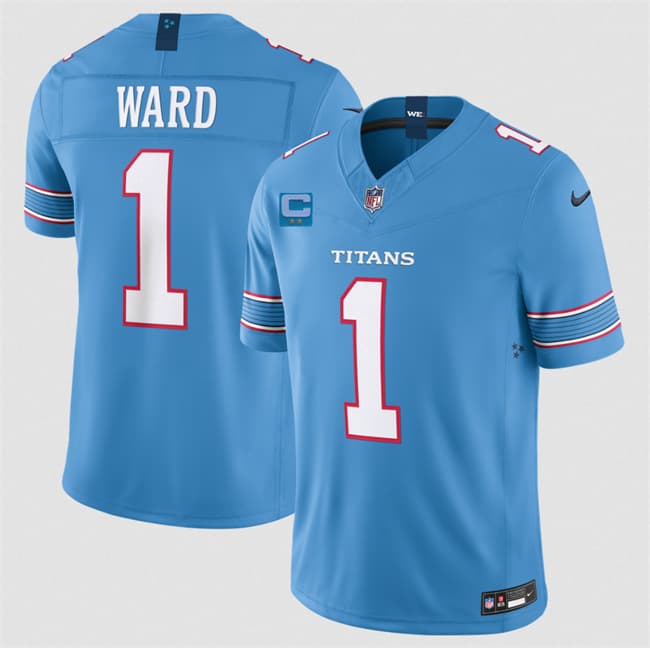 Men's Tennessee Titans #1 Cameron Ward Light Blue 2026 With 2-Star C Patch F.U.S.E. Vapor Limited Football Stitched Jersey