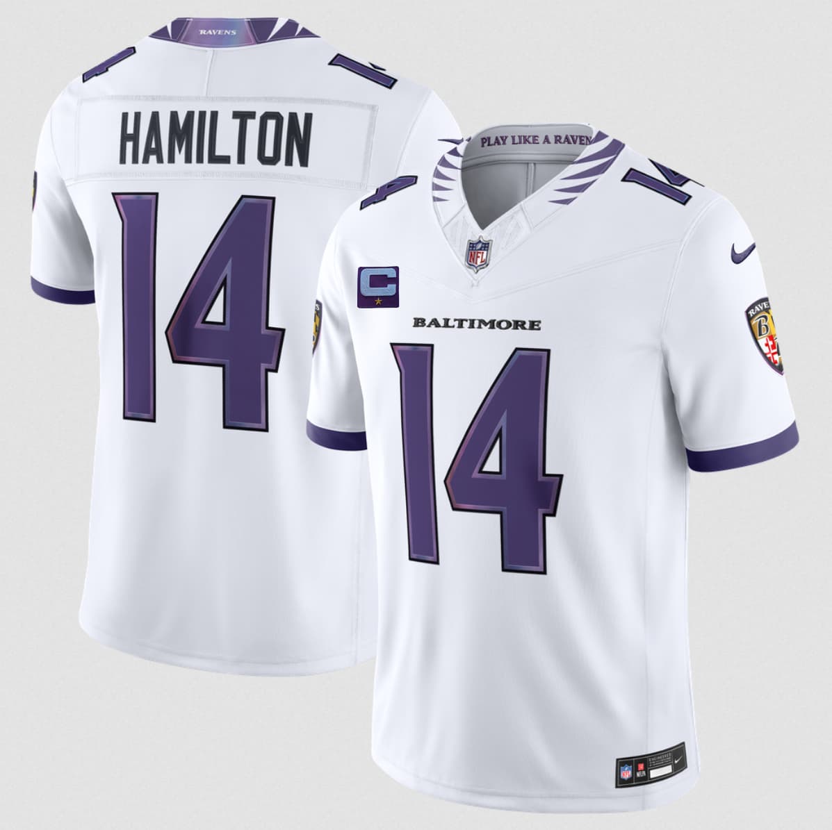 Men's Baltimore Ravens #14 Kyle Hamilton White 2026 With 1-Star C Patch F.U.S.E. Vapor Limited Football Stitched Jersey