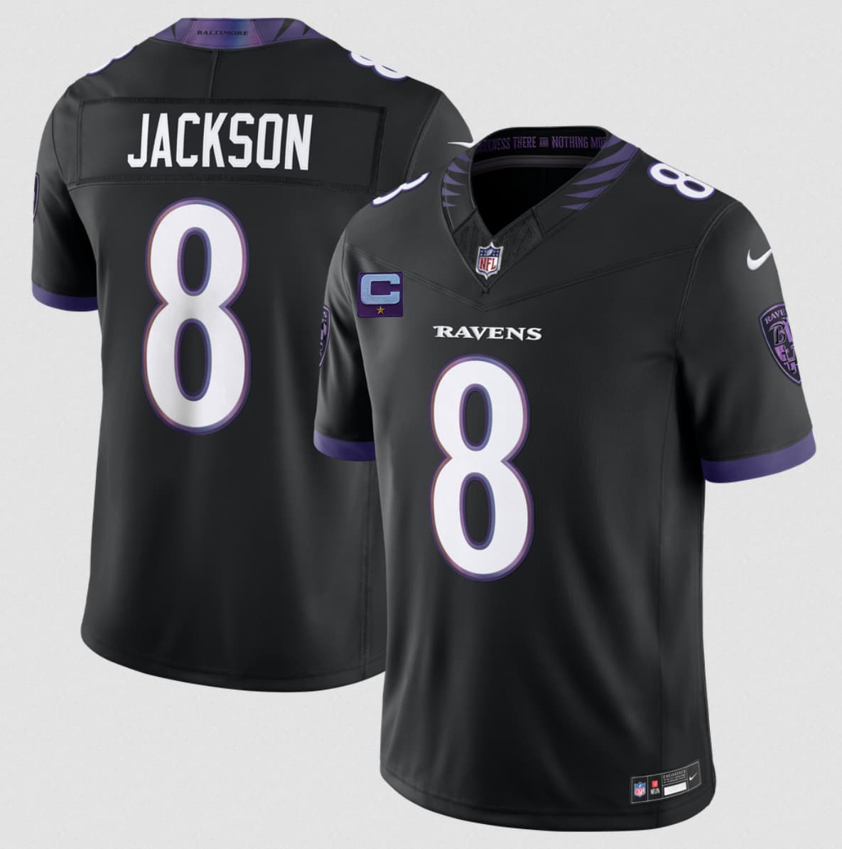 Men's Baltimore Ravens #8 Lamar Jackson Black 2026 With 1-Star C Patch F.U.S.E. Alternate Vapor Limited Football Stitched Jersey