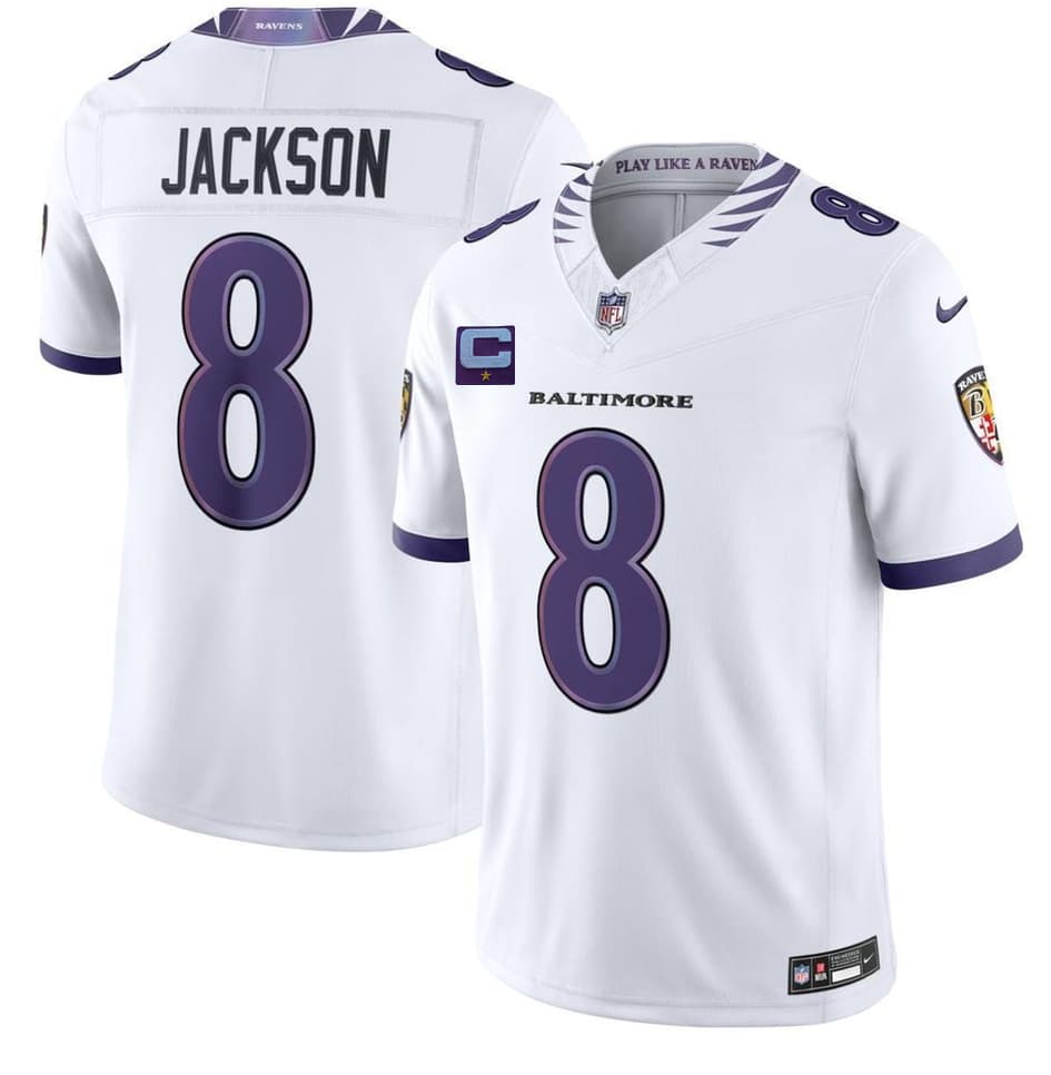 Men's Baltimore Ravens #8 Lamar Jackson White 2026 With 1-Star C Patch F.U.S.E. Vapor Limited Football Stitched Jersey
