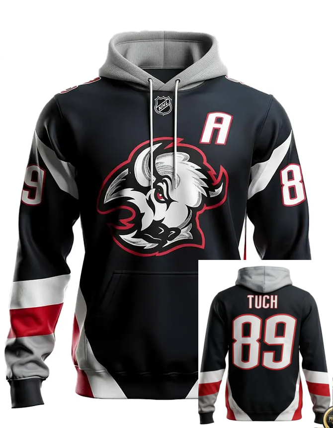 Men's Buffalo Sabres #89 Alex Tuch Black 2025-2026 With A Patch Alternate Stitched Hoodie