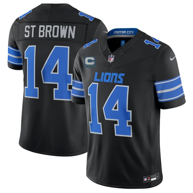 Men's Detroit Lions #14 Amon-Ra St. Brown Black 2026 With 4-Star C Patch F.U.S.E. Vapor Limited Football Stitched Jersey