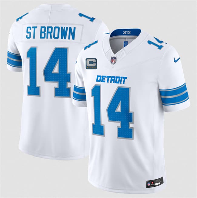 Men's Detroit Lions #14 Amon-Ra St. Brown White 2026 With 4-Star C Patch F.U.S.E. Vapor Limited Football Stitched Jersey
