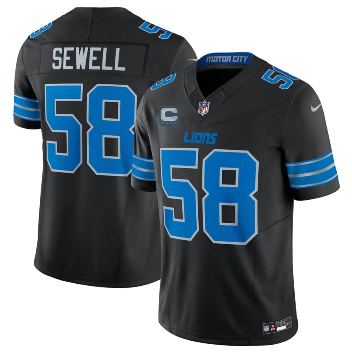 Men's Detroit Lions #58 Penei Sewell Black 2026 With 4-Star C Patch F.U.S.E. Vapor Limited Football Stitched Jersey