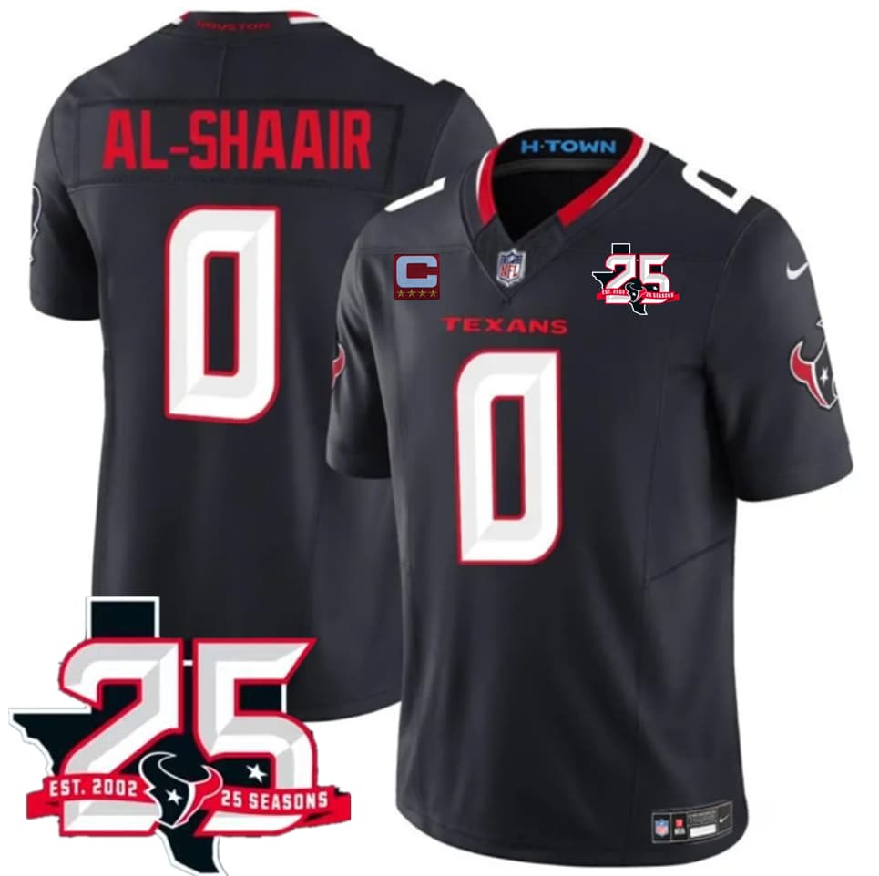 Men's Houston Texans #0 Azeez Al-Shaair Navy 2nd Alternate 2026 With 25th Anniversary Patch And 4-Star C Patch F.U.S.E. Vapor Limited Football Stitched Jersey