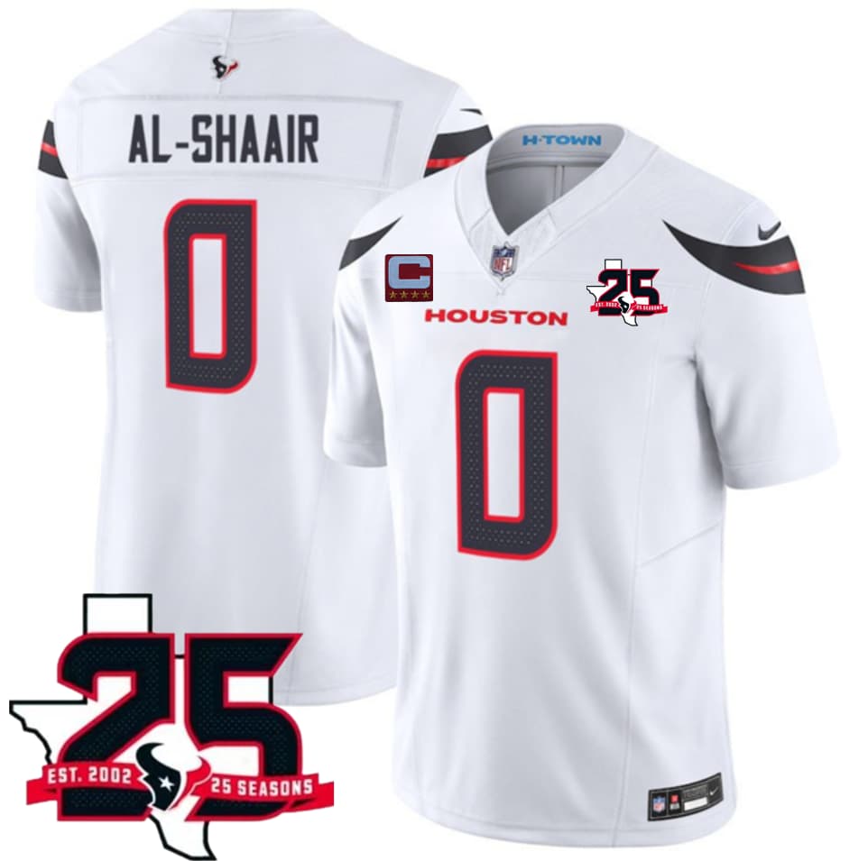 Men's Houston Texans #0 Azeez Al-Shaair White 2026 With 25th Anniversary Patch And 4-Star C Patch F.U.S.E. Vapor Limited Football Stitched Jersey