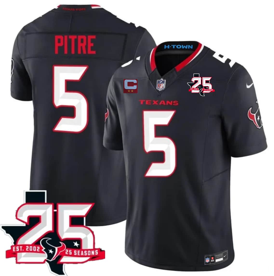 Men's Houston Texans #5 Jalen Pitre Navy 2nd Alternate 2026 With 25th Anniversary Patch And 2-Star C Patch F.U.S.E. Vapor Limited Football Stitched Jersey