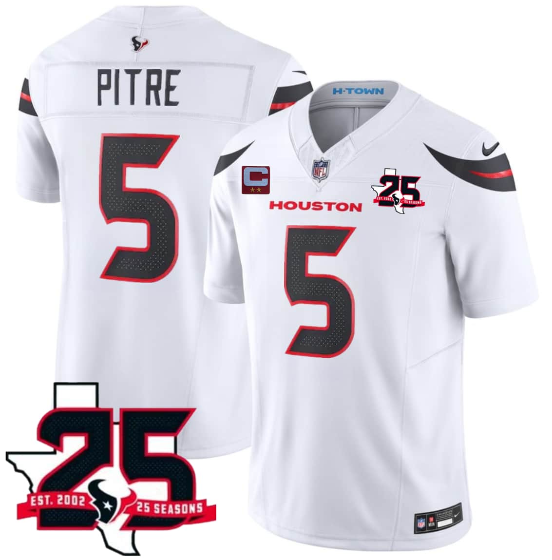Men's Houston Texans #5 Jalen Pitre White 2026 With 25th Anniversary Patch And 2-Star C Patch F.U.S.E. Vapor Limited Football Stitched Jersey