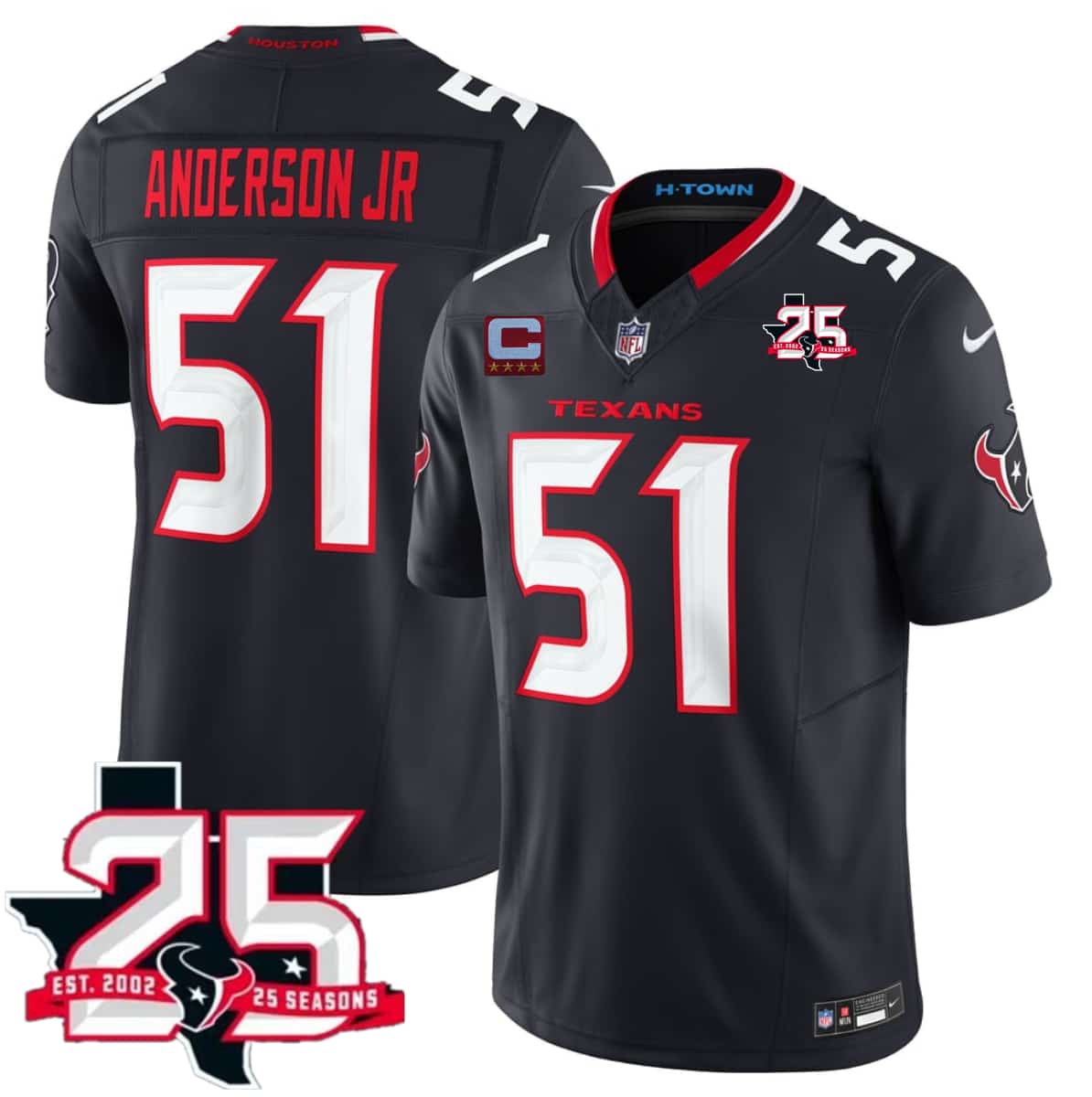 Men's Houston Texans #51 Will Anderson Jr Navy 2nd Alternate 2026 With 25th Anniversary Patch And 4-Star C Patch F.U.S.E. Vapor Limited Football Stitched Jersey
