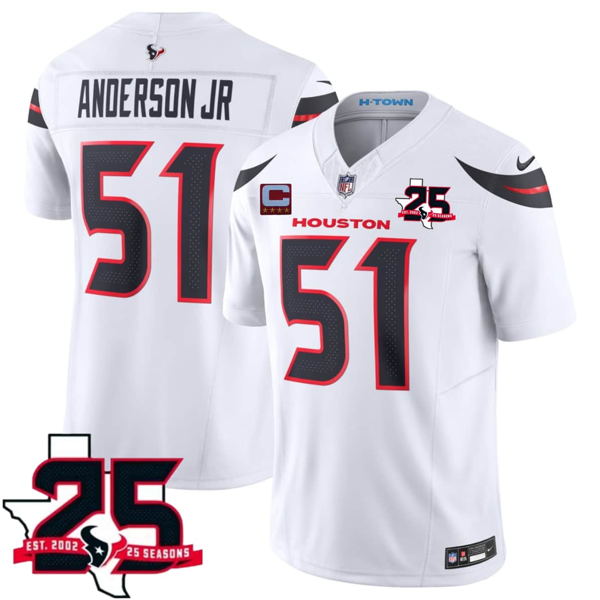 Men's Houston Texans #51 Will Anderson Jr White 2026 With 25th Anniversary Patch And 4-Star C Patch F.U.S.E. Vapor Limited Football Stitched Jersey