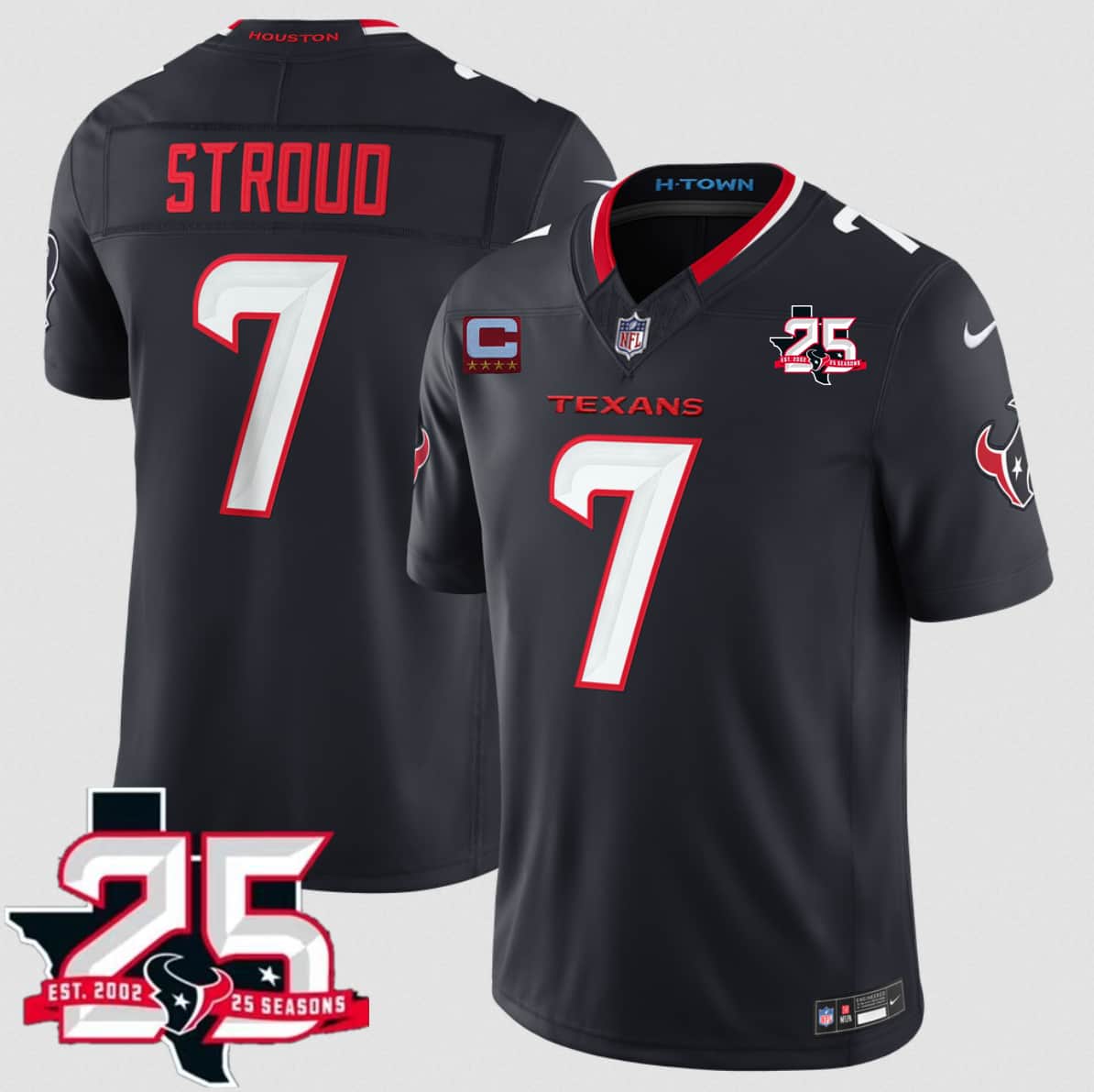 Men's Houston Texans #7 C.J. Stroud Navy 2nd Alternate 2026 With 25th Anniversary Patch And 4-Star C Patch F.U.S.E. Vapor Limited Football Stitched Jersey