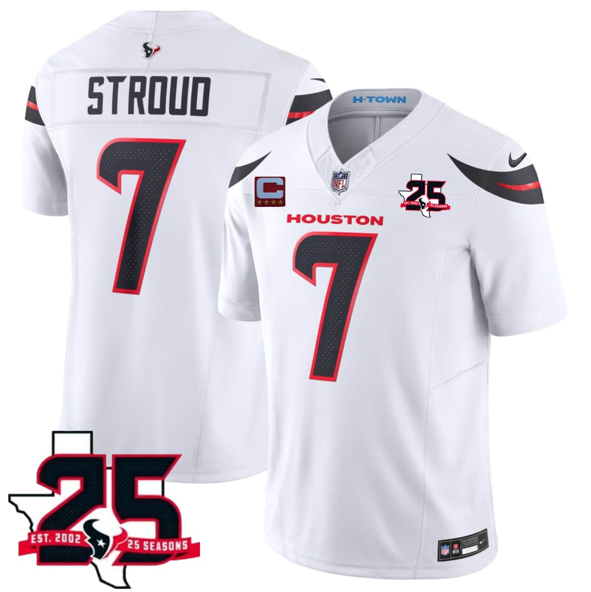 Men's Houston Texans #7 C.J. Stroud White 2026 With 25th Anniversary Patch And 4-Star C Patch F.U.S.E. Vapor Limited Football Stitched Jersey