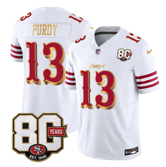 Men's San Francisco 49ers #13 Brock Purdy White Gold 80th Anniversary Patch “Rivalries” 2026 F.U.S.E. Vapor Untouchable Limited Football Stitched Jersey