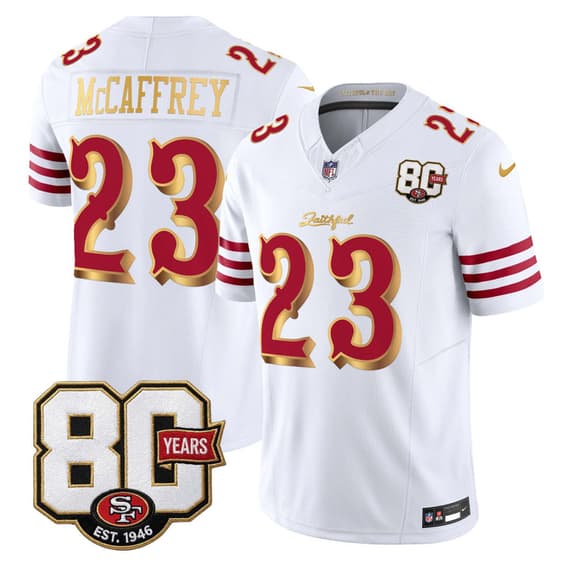 Men's San Francisco 49ers #23 Christian McCaffrey White Gold 80th Anniversary Patch “Rivalries” 2026 F.U.S.E. Vapor Untouchable Limited Football Stitched Jersey