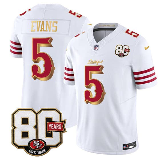 Men's San Francisco 49ers #5 Mike Evans White Gold 80th Anniversary Patch “Rivalries” 2026 F.U.S.E. Vapor Untouchable Limited Football Stitched Jersey