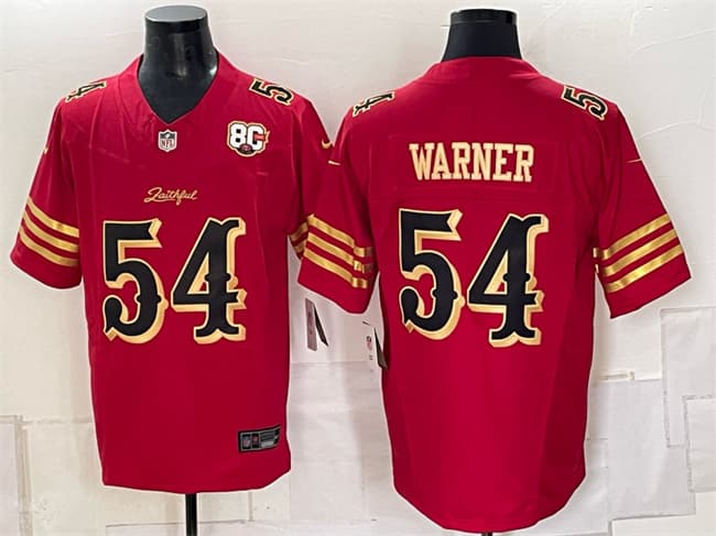 Men's San Francisco 49ers #54 Fred Warner Red Gold 80th Anniversary Patch “Rivalries” 2026 F.U.S.E. Vapor Untouchable Limited Football Stitched Jersey