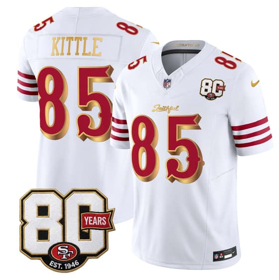 Men's San Francisco 49ers #85 George kittle White Gold 80th Anniversary Patch “Rivalries” 2026 F.U.S.E. Vapor Untouchable Limited Football Stitched Jersey