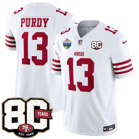 Men's San Francisco 49ers #13 Brock Purdy White 80th Anniversary And Melbourne Game Patch 2026 F.U.S.E. Vapor Untouchable Limited Football Stitched Jersey