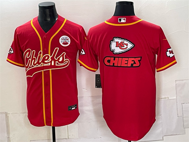Men's Kansas City Chiefs Red Gold Team Big Logo With Patch Cool Base Stitched Baseball Jersey