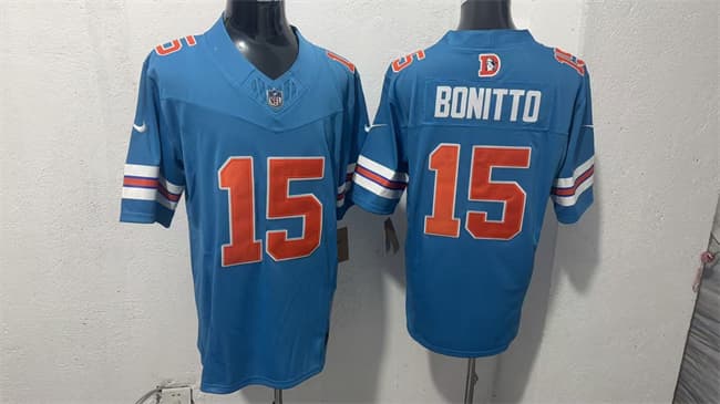 Men's Denver Broncos #15 Nik Bonitto Blue F.U.S.E. With Patch Throwback Vapor Limited Football Stitched Jersey