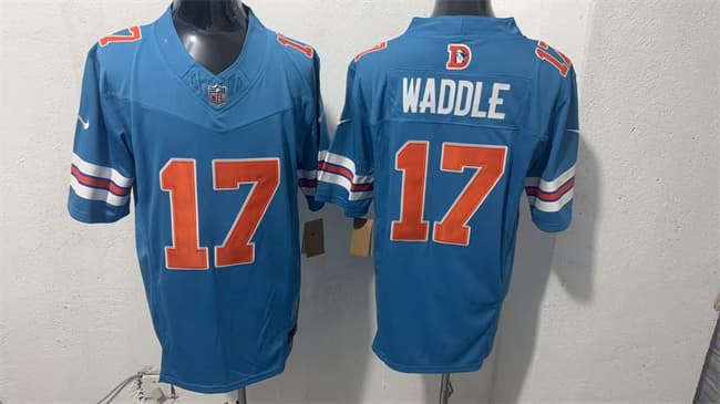 Men's Denver Broncos #17 Jaylen Waddle Blue F.U.S.E. With Patch Throwback Vapor Limited Football Stitched Jersey