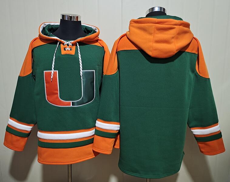 Men's Miami Hurricanes Green Ageless Must Have Lace Up Pullover Hoodie Stitched Lacer