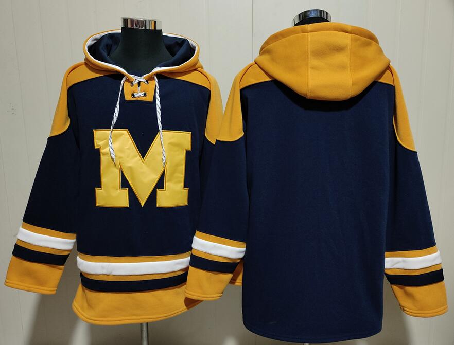 Men's Michigan Wolverines Navy Blue Ageless Must Have Lace Up Pullover Hoodie Stitched Lacer