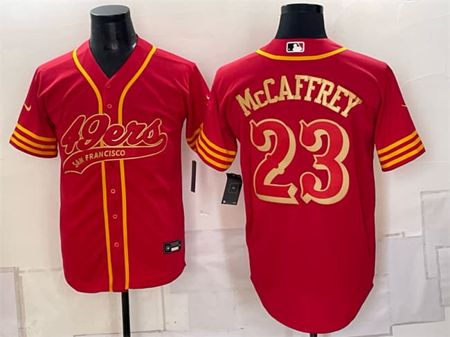 Men's San Francisco 49ers #23 Christian McCaffrey Red Gold Cool Base Stitched Baseball Jersey
