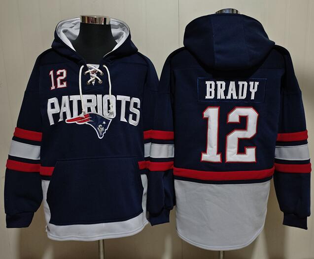 New England Patriots #12 Tom Brady Navy Blue Ageless Must-Have Lace-Up Pullover Hoodie Stitched Lacer