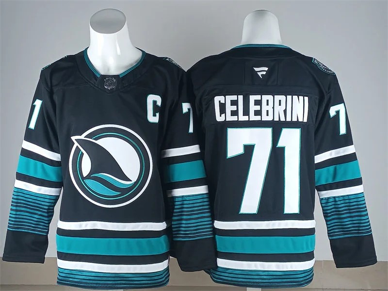 Mens San Jose Sharks #71 Macklin Celebrini With C Patch Fanatics Black Alternate Premium Jersey