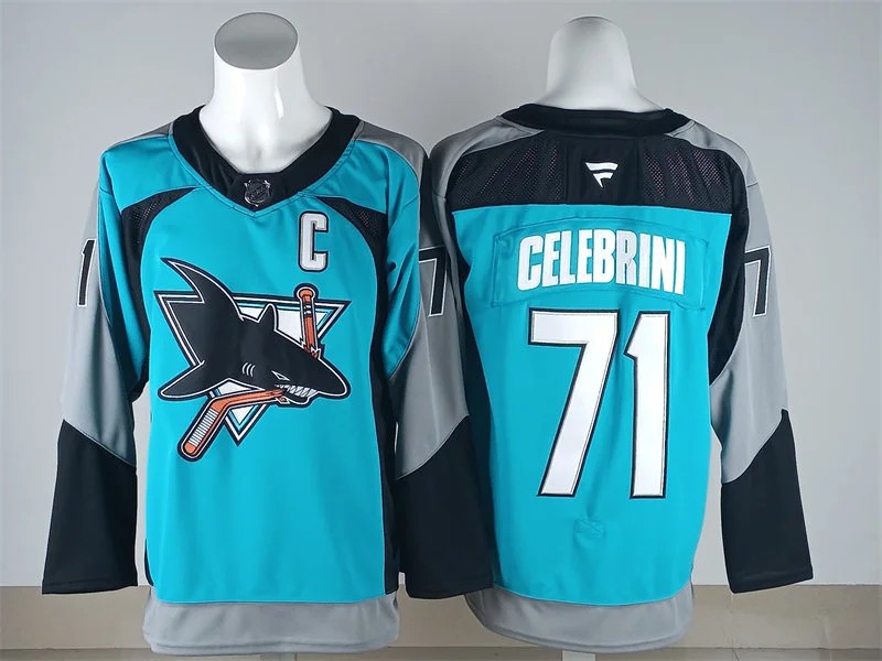 Mens San Jose Sharks #71 Macklin Celebrini With C Patch Fanatics Teal Alternate Heritage 2.0 Premium Player Jersey