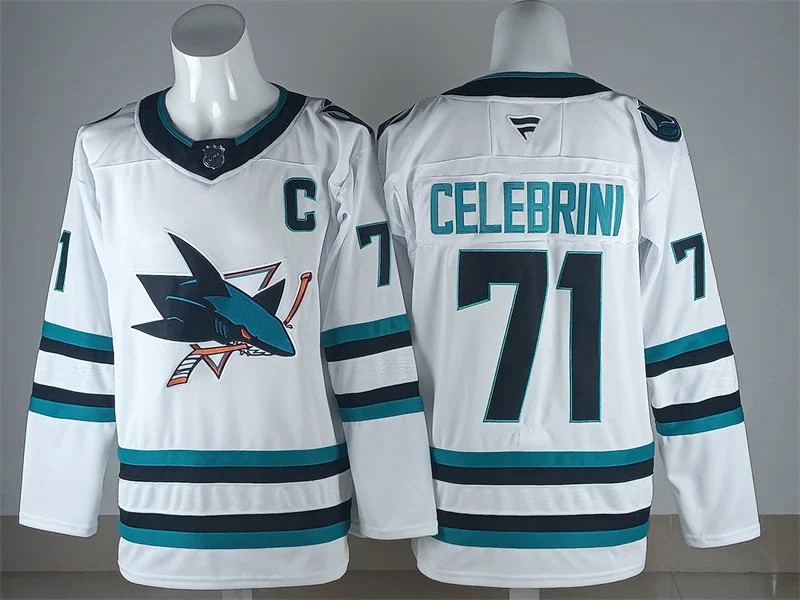 Mens San Jose Sharks #71 Macklin Celebrini With C Patch Fanatics White Away Premium Jersey