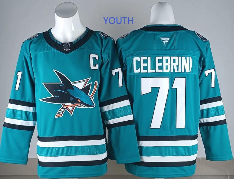 Youth San Jose Sharks #71 Macklin Celebrini With C Patch Fanatics Home Teal Jersey