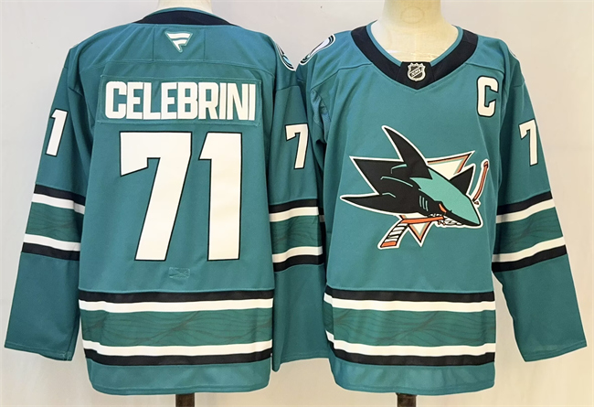Men's San Jose Sharks #71 Macklin Celebrini Teal 2026 With C Patch Stitched Hockey Jersey