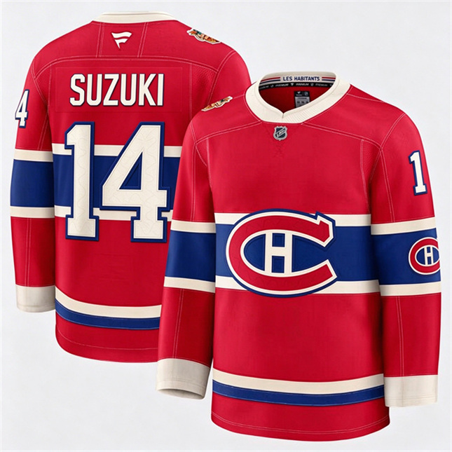 Montreal Canadiens 14 Nick Suzuki Fanatics 2026 NHL Heritage Classic Premium Red Stitched Jersey