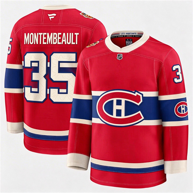 Montreal Canadiens 35 Samuel Montembeault Fanatics 2026 NHL Heritage Classic Premium Red Stitched Jersey