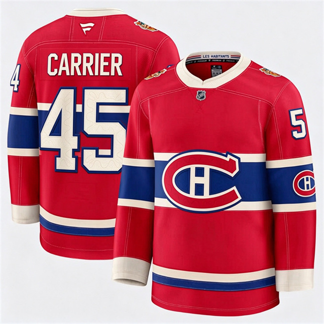 Montreal Canadiens 45 Alexandre Carrier Fanatics 2026 NHL Heritage Classic Premium Red Stitched Jersey
